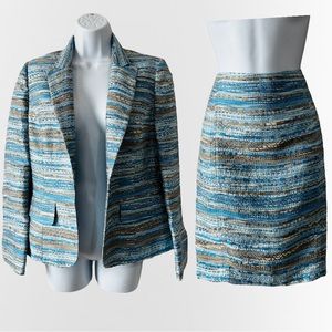 Vintage Vertigo Paris Blue, Tan White Tweed Skirt Suit Size Small